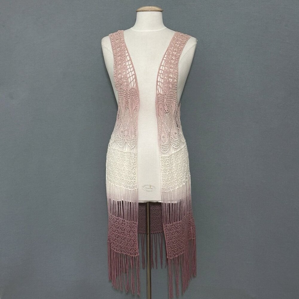 Retro Y2K Women Top M Pink Ombre Crochet Vest Duster Fringe Boho Hippie Festival